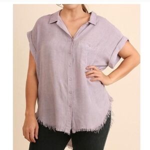 Umgee Linen Button Down Shirt with Collar Linen Blouse Size Large